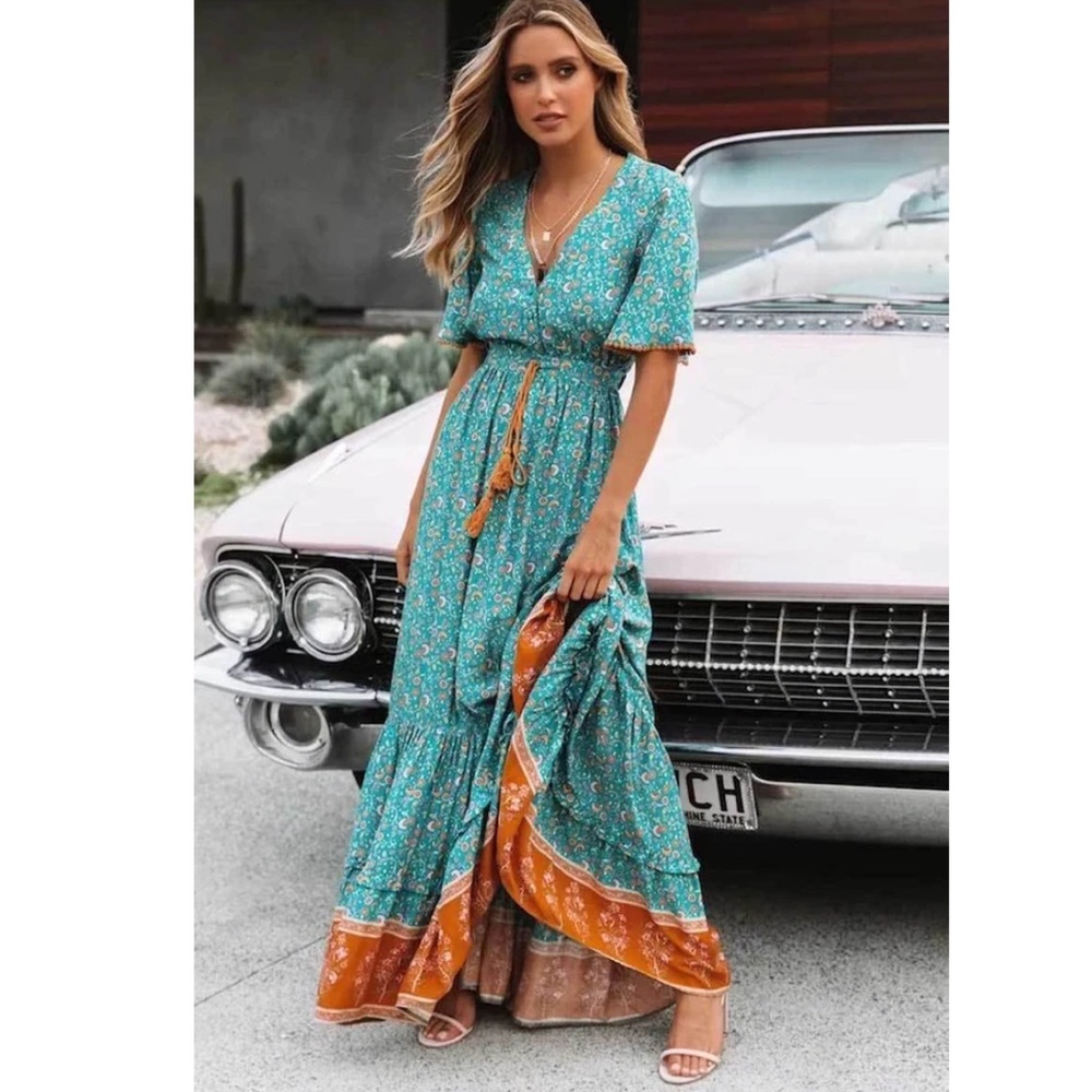NWOT Boho Maxi Dress with Button Front and Border Print Hem